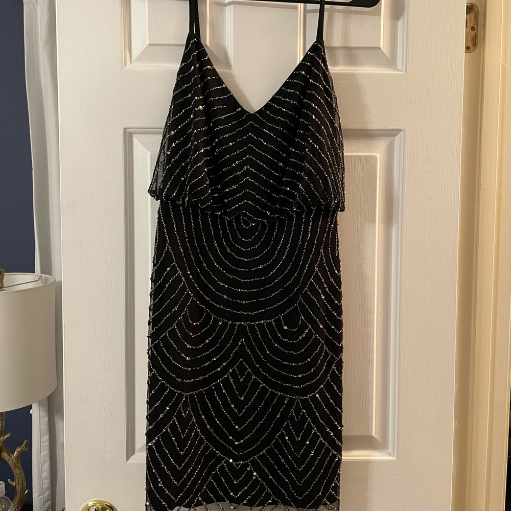 Adrianna Pappel Art Deco Beaded Blouson Dress in Black (knee length) - size 10